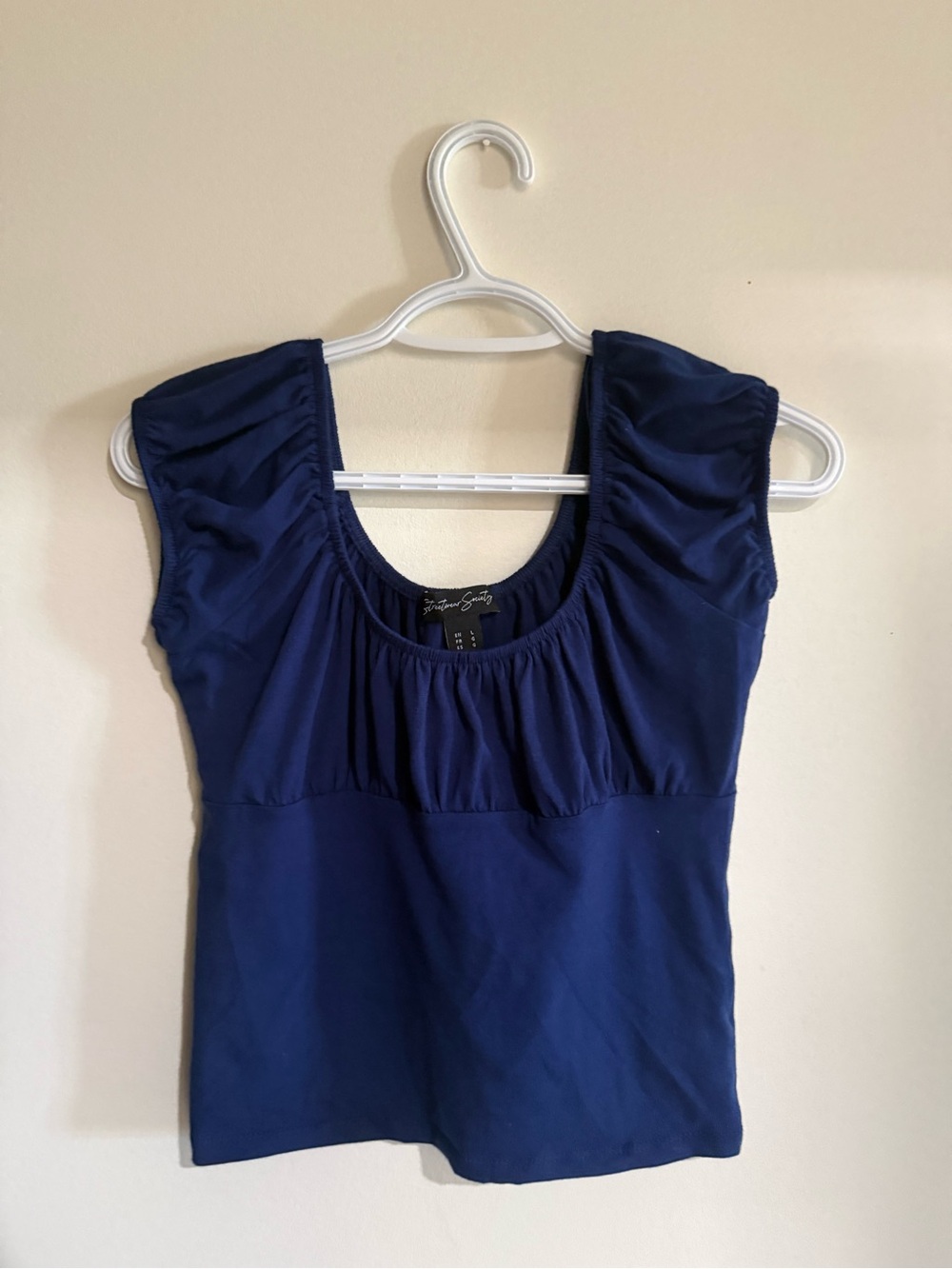 Women's Navy Blue Ruched Scoop Neck Cap Sleeve Top Small
